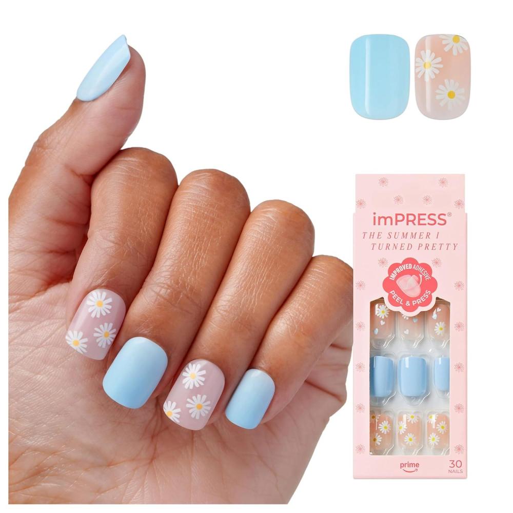 imageKISS The Summer I Turned Pretty Press On Nails Blue ampamp White Daisy Floral Design Short Squoval 30 Fake Nails Prep Pad Mini Nail File ampamp Manicure Stick