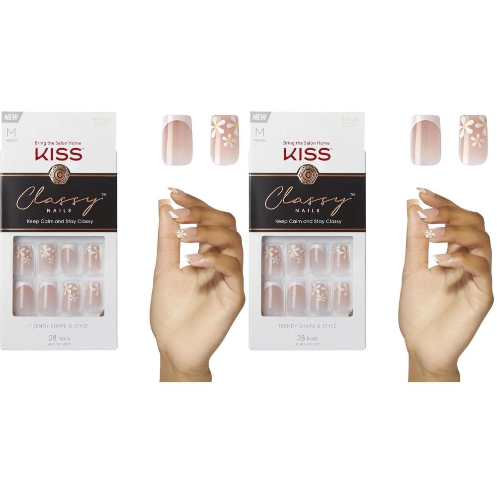 imageKISS Classy French Nail Manicure Kit with Gel FinishMediumCoffin ShapedIncludes Pink Nail Glue Net Wt 2 g  007ozMini Nail FileManicure Stick 28 Fake NailsCozy Meets Cute28 CountStay Charmed