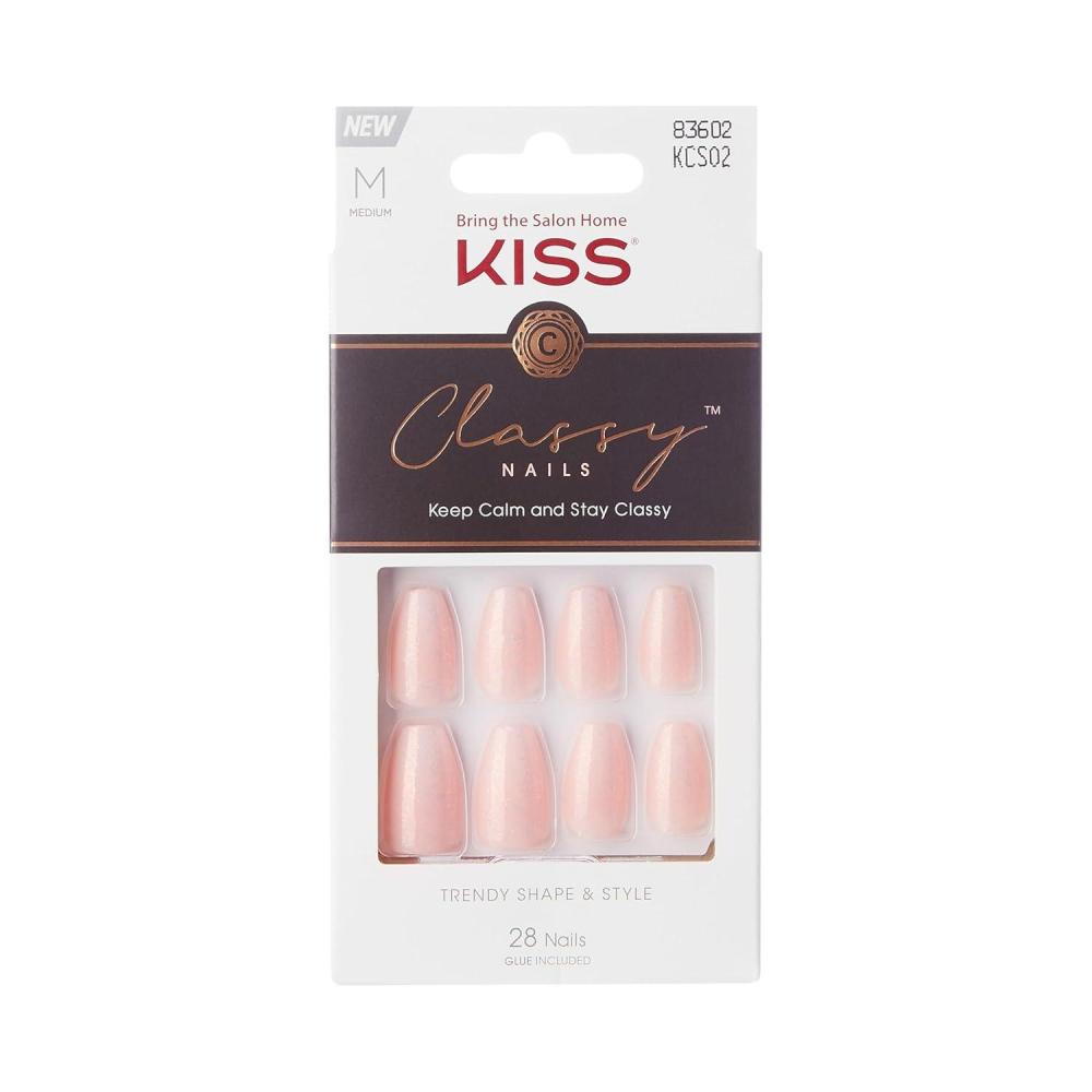 imageKISS Classy French Nail Manicure Kit with Gel FinishMediumCoffin ShapedIncludes Pink Nail Glue Net Wt 2 g  007ozMini Nail FileManicure Stick 28 Fake NailsCozy Meets Cute28 CountCozy Meets Cute