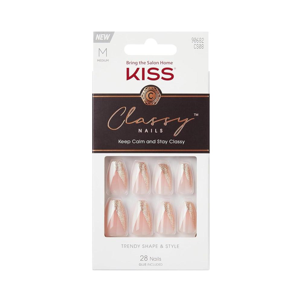 imageKISS Classy French Nail Manicure Kit with Gel FinishMediumCoffin ShapedIncludes Pink Nail Glue Net Wt 2 g  007ozMini Nail FileManicure Stick 28 Fake NailsCozy Meets Cute28 CountThe BOSS