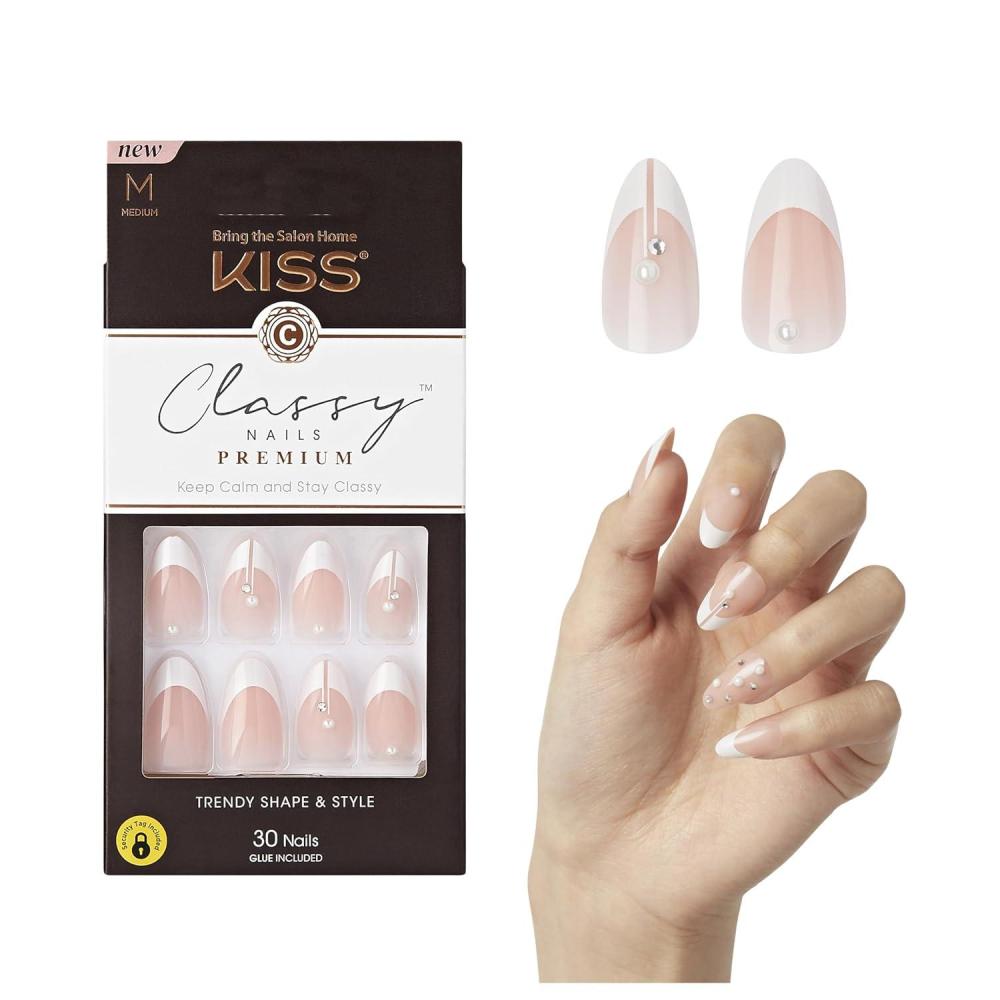 imageKISS Classy Press On Nails Nail glue included Highlights French Medium Size Almond Shape Includes 30 Nails 2g glue 1 Manicure Stick 1 Mini FileHighlights