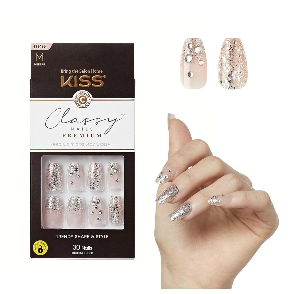 imageKISS Classy Press On Nails Nail glue included Highlights French Medium Size Almond Shape Includes 30 Nails 2g glue 1 Manicure Stick 1 Mini FileMy Muse