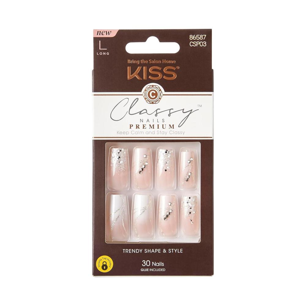 imageKISS Classy Press On Nails Nail glue included Highlights French Medium Size Almond Shape Includes 30 Nails 2g glue 1 Manicure Stick 1 Mini FileStunning