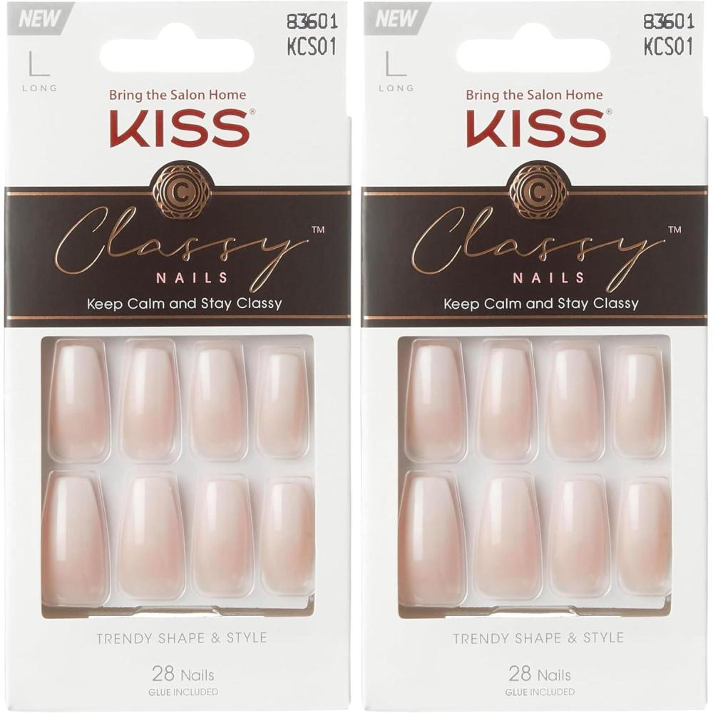 imageKISS Classy Press On Nails Nail glue included Players White Short Size Oval Shape Includes 28 Nails 2g glue 1 Manicure Stick 1 Mini FileLong Pack of 2