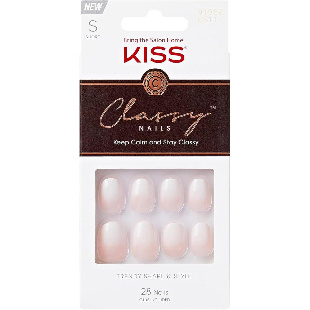 imageKISS Classy Press On Nails Nail glue included Players White Short Size Oval Shape Includes 28 Nails 2g glue 1 Manicure Stick 1 Mini FileShort
