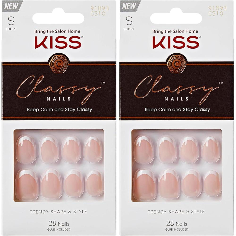 imageKISS Classy Press On Nails Nail glue included Players White Short Size Oval Shape Includes 28 Nails 2g glue 1 Manicure Stick 1 Mini FileShort Pack of 2