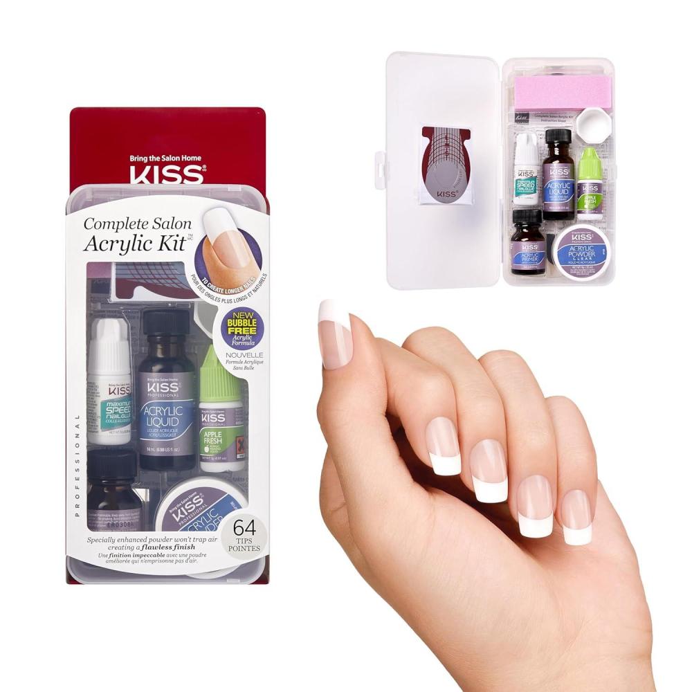 imageKISS Complete Salon Acrylic Fake Nails Manicure Kit Acrylic Liquid Acrylic Primer Acrylic Powder Clear Maximum Speed Nail Glue Masking Formula ampamp 60 Long Length Bubble Free Acrylic Nails