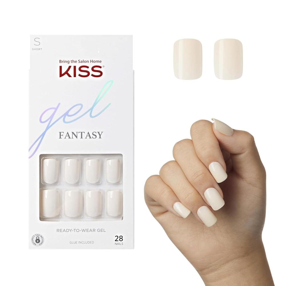 imageKISS Gel Fantasy Press On Nails Nail glue included Bookworm Off White Short Lenth Almond Shape Includes 28 Nails 2g Glue 1 Manicure Stick 1 Mini File 1 Adhesive TabShort