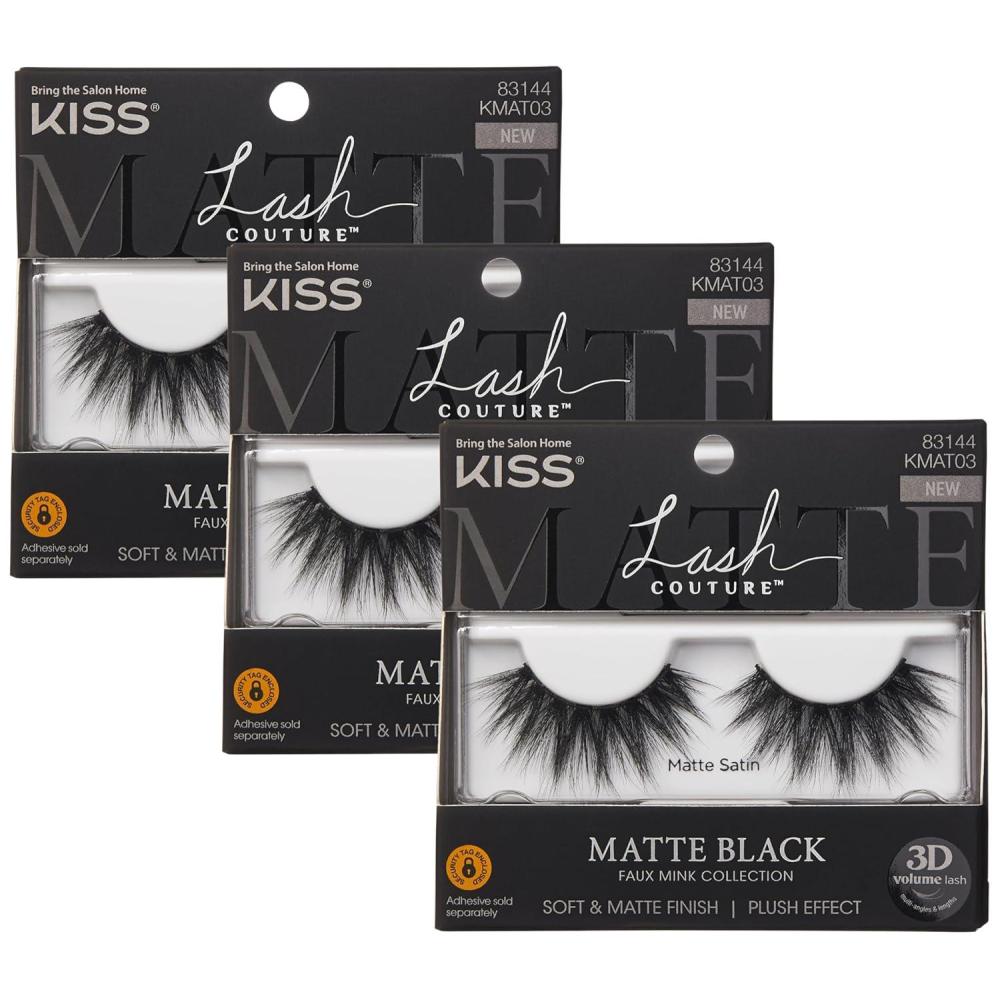 imageKISS Lash Couture 3D Matte False Eyelashes Matte Satin 16 mm Includes 1 Pair Of Lash Contact Lens Friendly Easy to Apply Reusable Strip Lashes1 pair Pack of 3