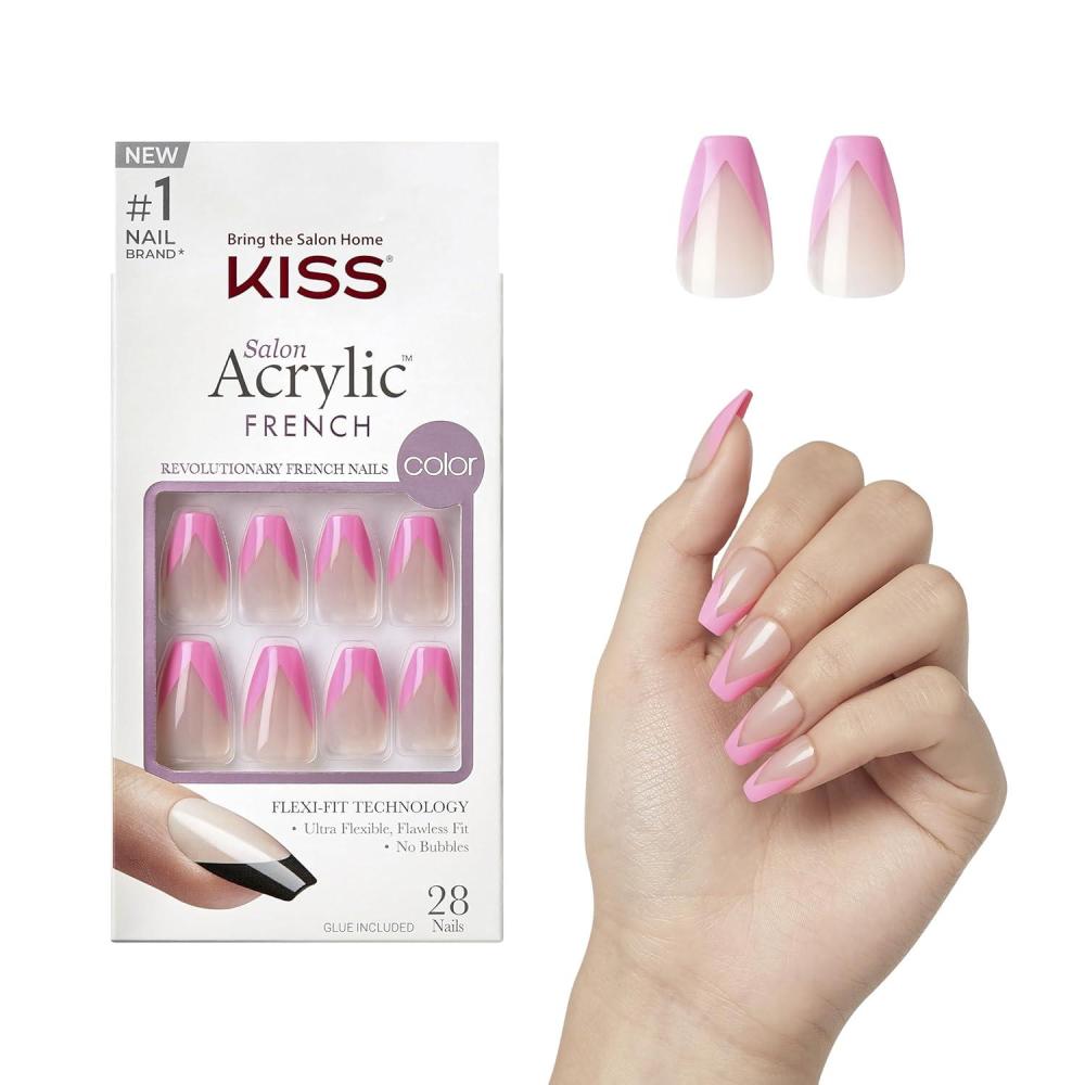 imageKISS Salon Acrylic Press On Nails Nail glue included Squared Light Pink Medium Size Coffin Shape Includes 28 Nails 2G Glue 1 Manicure Stick 1 Mini FileLight Pink
