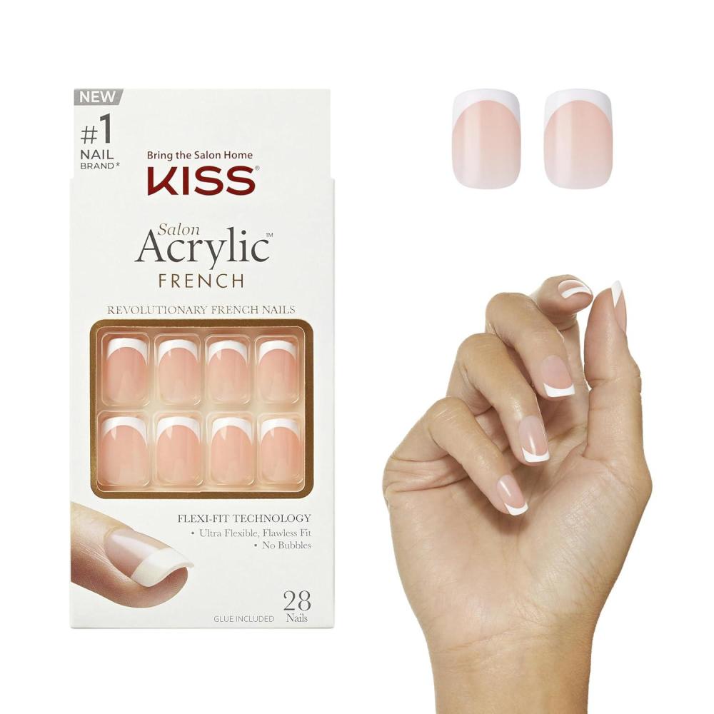 imageKISS Salon Acrylic Press On Nails Nail glue included Sugar Rush French Medium Size Square Shape Includes 28 Nails 2g Glue 1 Manicure Stick 1 Mini FileBounjour