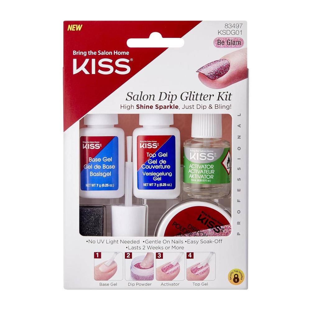 imageKISS Salon Dip Dip Powder Nail Kit Includes 7g Base Gel 7g Top Gel 75ml Activator 9g Pink Glitter Dip Powder Dusting Sponge Replacement Gel Brush Nail File Manicure Stick1 Count Pack of 1