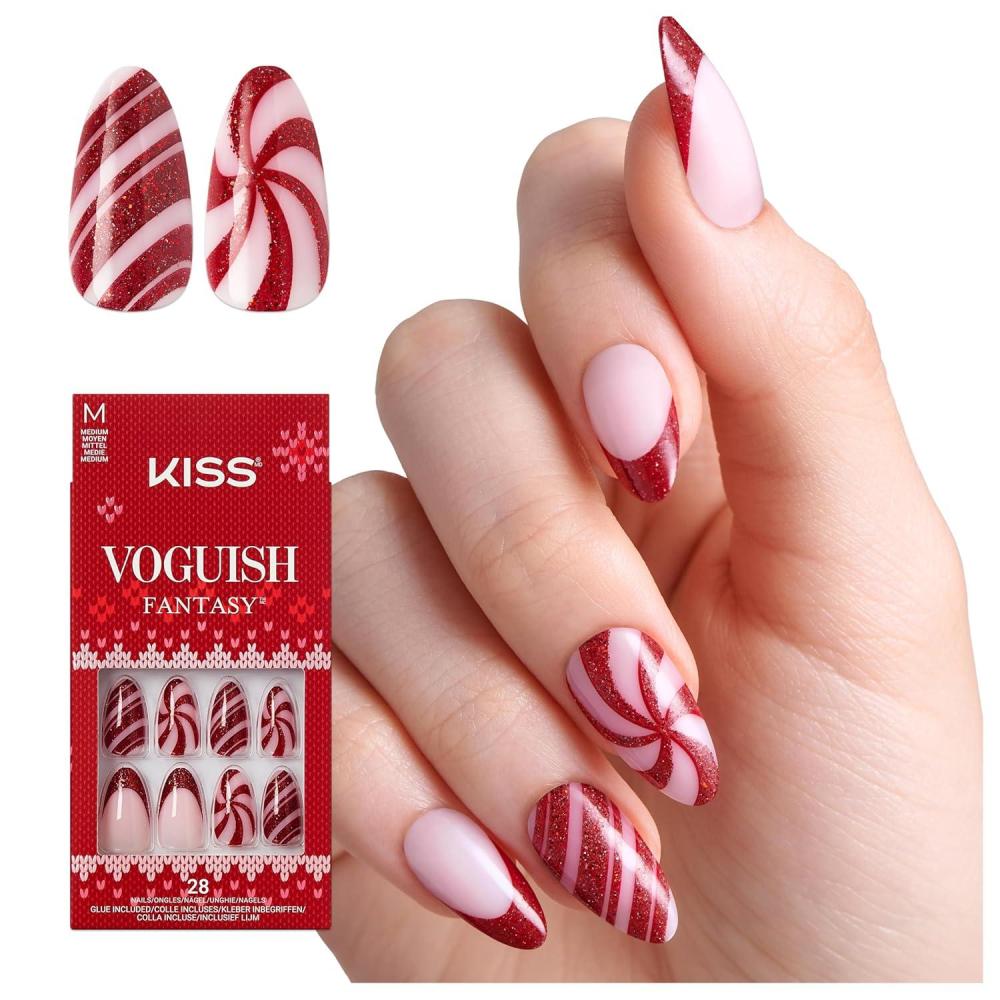 imageKISS Voguish Fantasy Holiday Press On Nails Merry Magic Navy Medium Oval No Damage To Natural Nails Pink Gel Nail Glue 2g Mini Nail File Manicure Stick ampamp 28 Fake NailsOne More Kiss