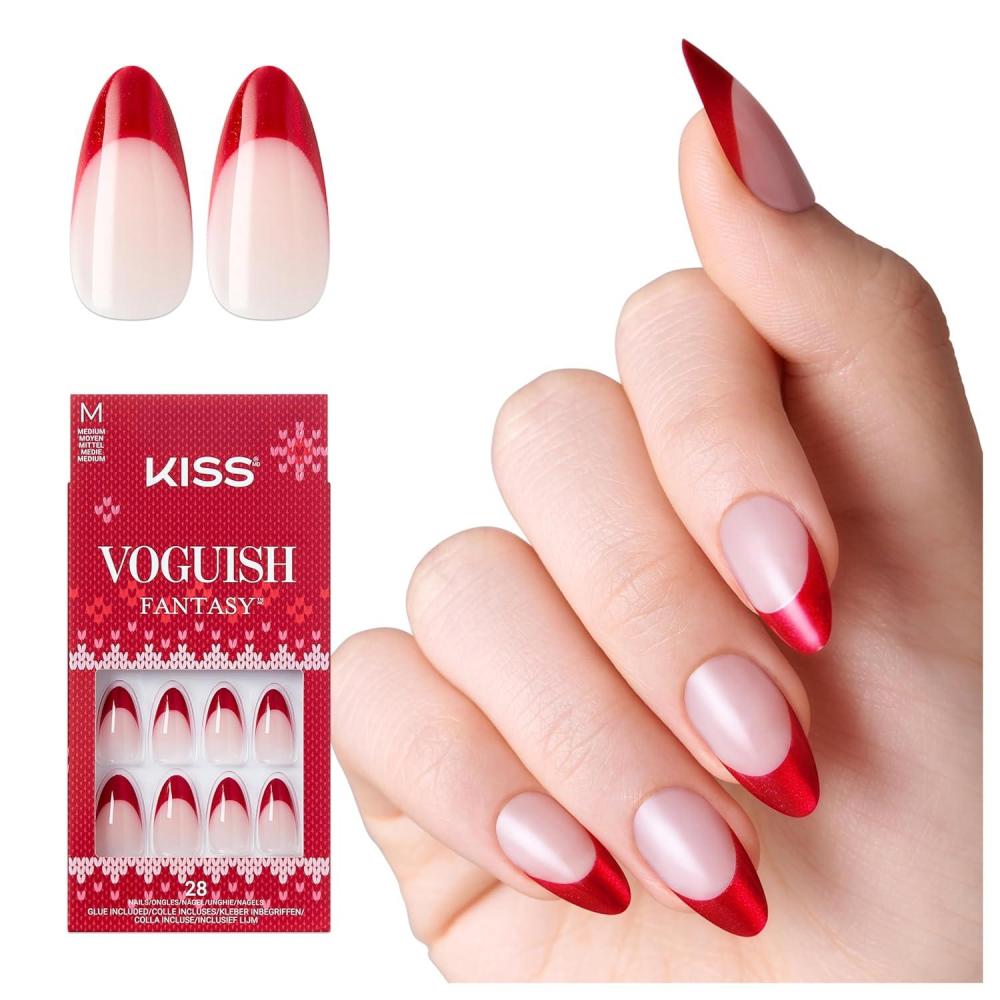 imageKISS Voguish Fantasy Holiday Press On Nails Merry Magic Navy Medium Oval No Damage To Natural Nails Pink Gel Nail Glue 2g Mini Nail File Manicure Stick ampamp 28 Fake NailsLittle Elves