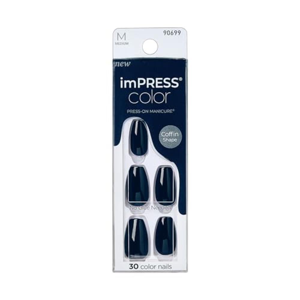 imageKISS imPRESS Color No Glue Mani 30 Pcs Press On Nails Navy Dark Blue Medium Size Coffin Shape Simple Peel ampamp Press Easy Apply HasselFree Removal Essential Tools Included