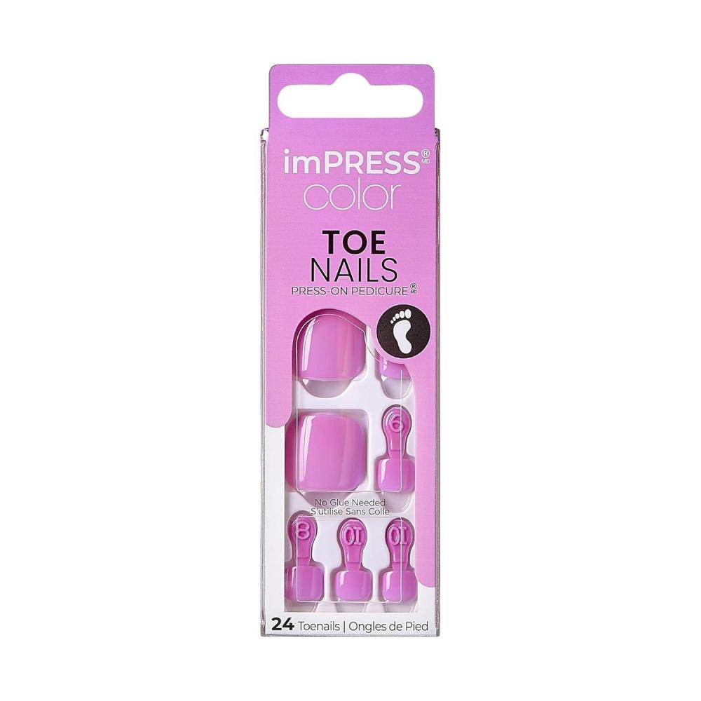imageKISS imPRESS Color No Glue Pedi PressOn Toenails Pink Squoval Shape Includes 24 Nails Prep Pad 1 Manicure Stick 1 Mini File