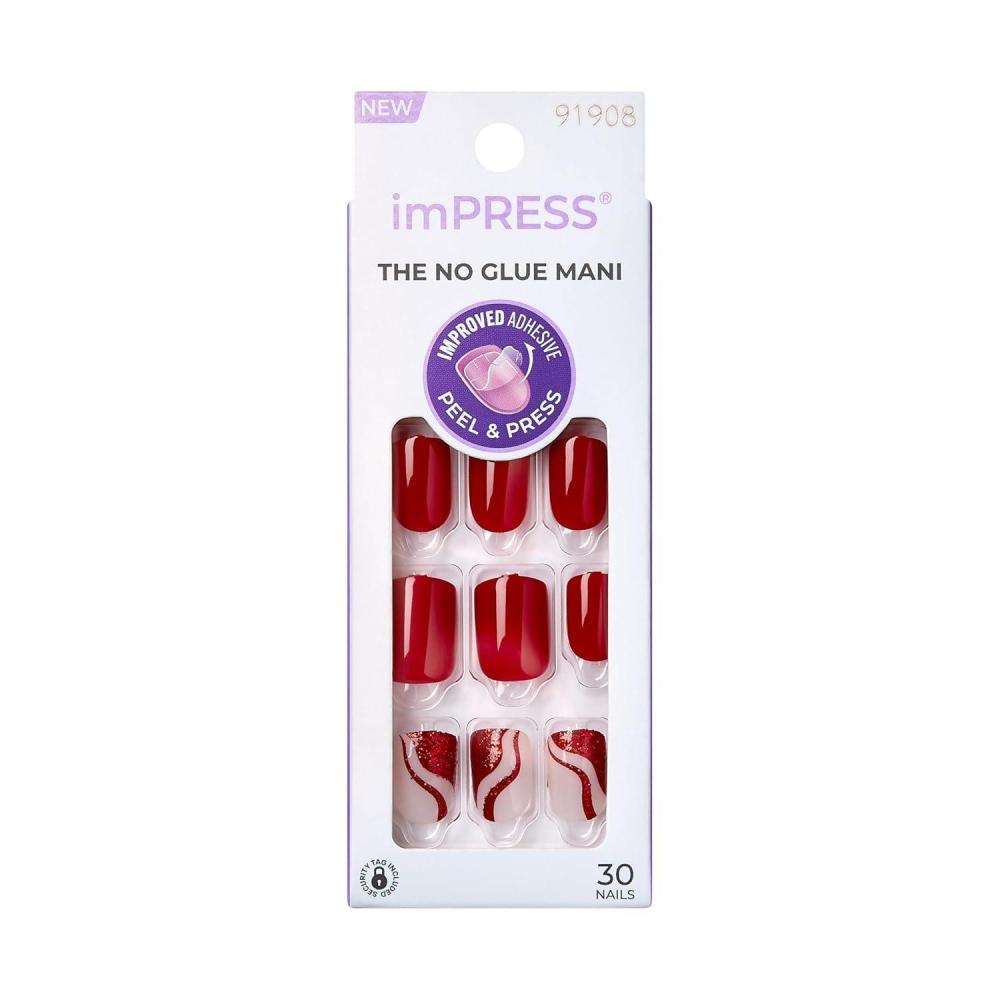 imageKISS imPRESS Design Press On Nails Endlessly Red Short Squoval PureFit Technology Chip Proof Smudge Proof Waterproof Nail File Manicure Stick ampamp 30 Fake Nails