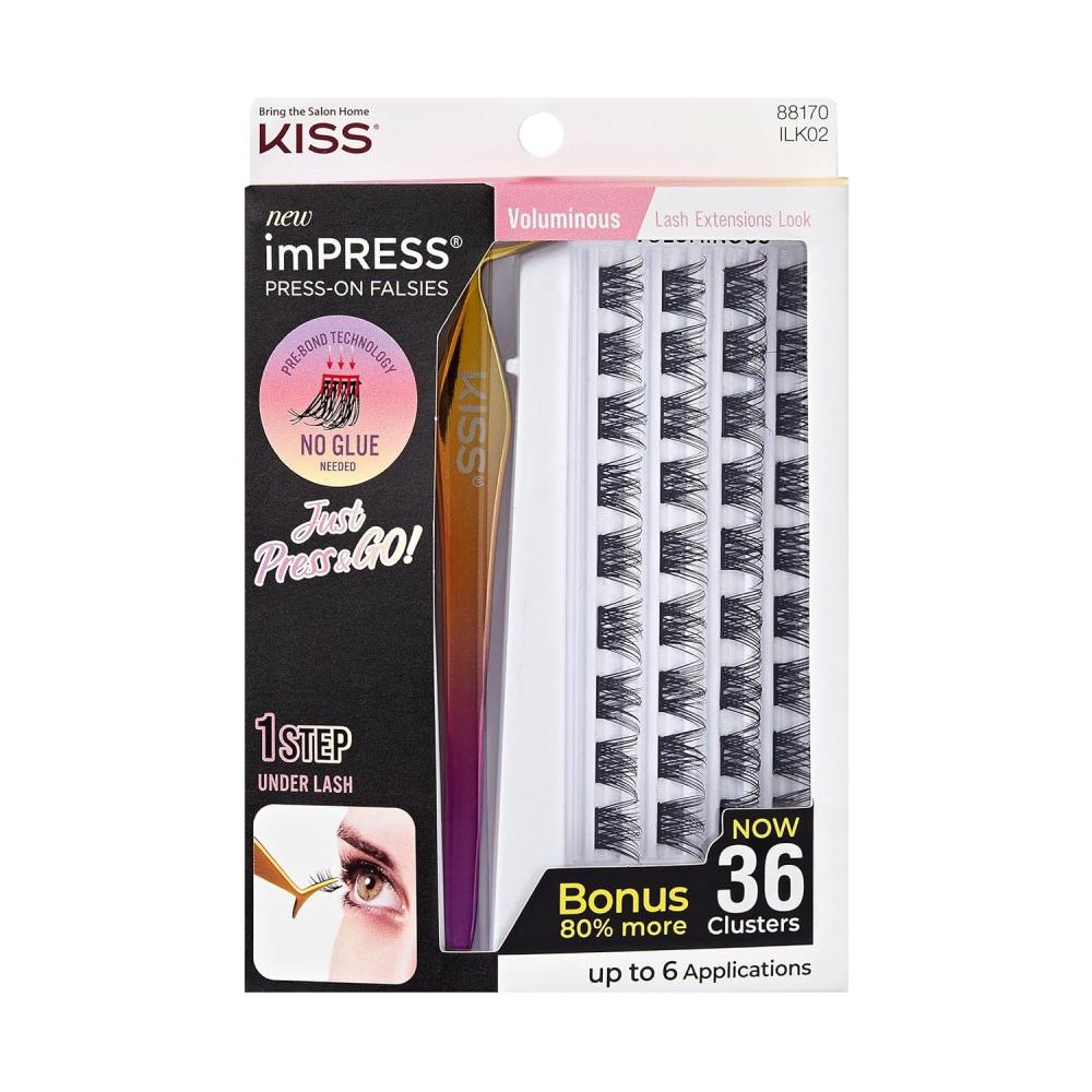 imageKISS imPRESS Falsies Press On Self Adhesive Eyelashes 12mm14mm Glam Volume Press On Lashes Black No Glue Needed Invisible Band 20 Lash Clusters ampamp NonStick Applicator SpikyVoluminous