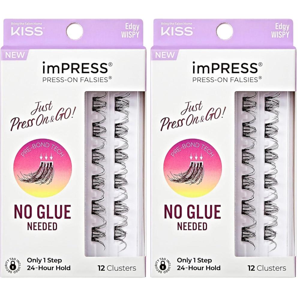 imageKISS imPRESS Falsies Press On Self Adhesive Eyelashes 12mm14mm Natural Volume Press On Lashes Black No Glue Needed Invisible Band 12 Lash Clusters  ChicPack of 2