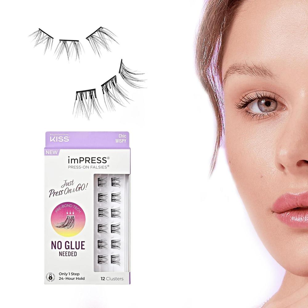 imageKISS imPRESS Falsies Press On Self Adhesive Eyelashes 12mm14mm Natural Volume Press On Lashes Black No Glue Needed Invisible Band 12 Lash Clusters  Chic12 Piece Assortment