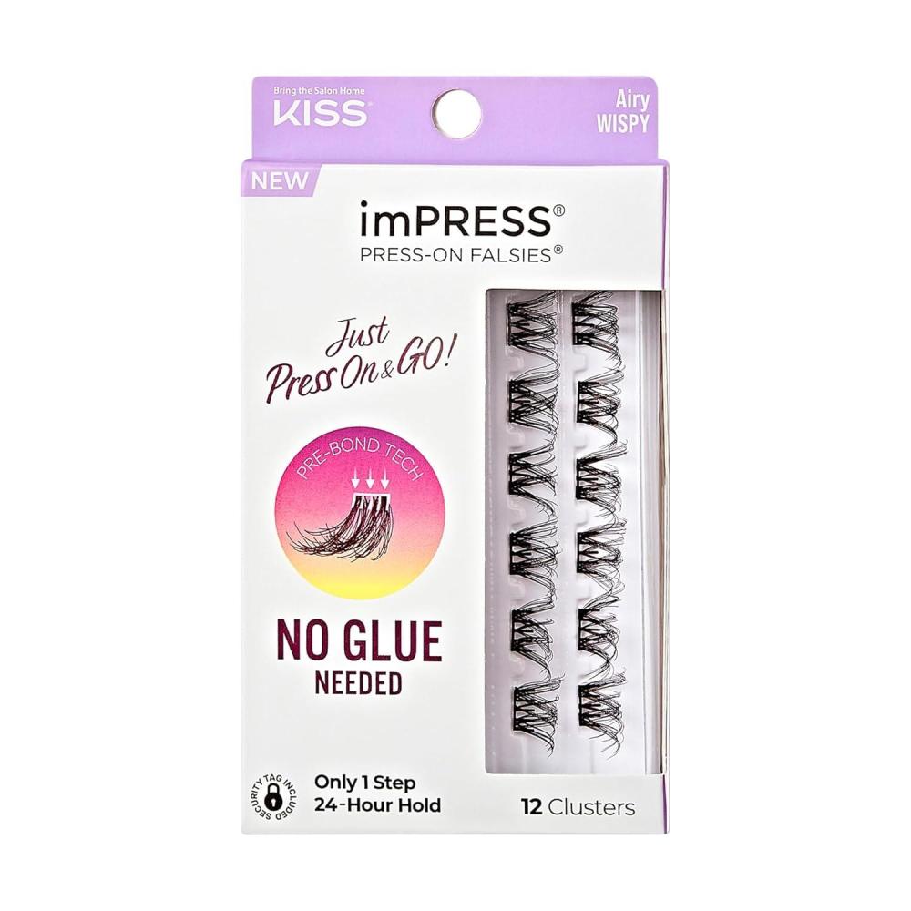 imageKISS imPRESS Falsies Press On Self Adhesive Eyelashes 12mm14mm Natural Volume Press On Lashes Black No Glue Needed Invisible Band 12 Lash Clusters  Chic1 pair Pack of 1