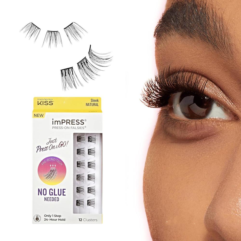 imageKISS imPRESS Falsies Press On Self Adhesive Eyelashes 12mm14mm Natural Volume Press On Lashes Black No Glue Needed Invisible Band 12 Lash Clusters  SleekSleek Natural