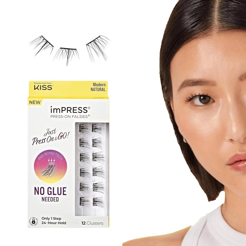imageKISS imPRESS Falsies Press On Self Adhesive Eyelashes 12mm14mm Natural Volume Press On Lashes Black No Glue Needed Invisible Band 12 Lash Clusters  SleekModern Natural