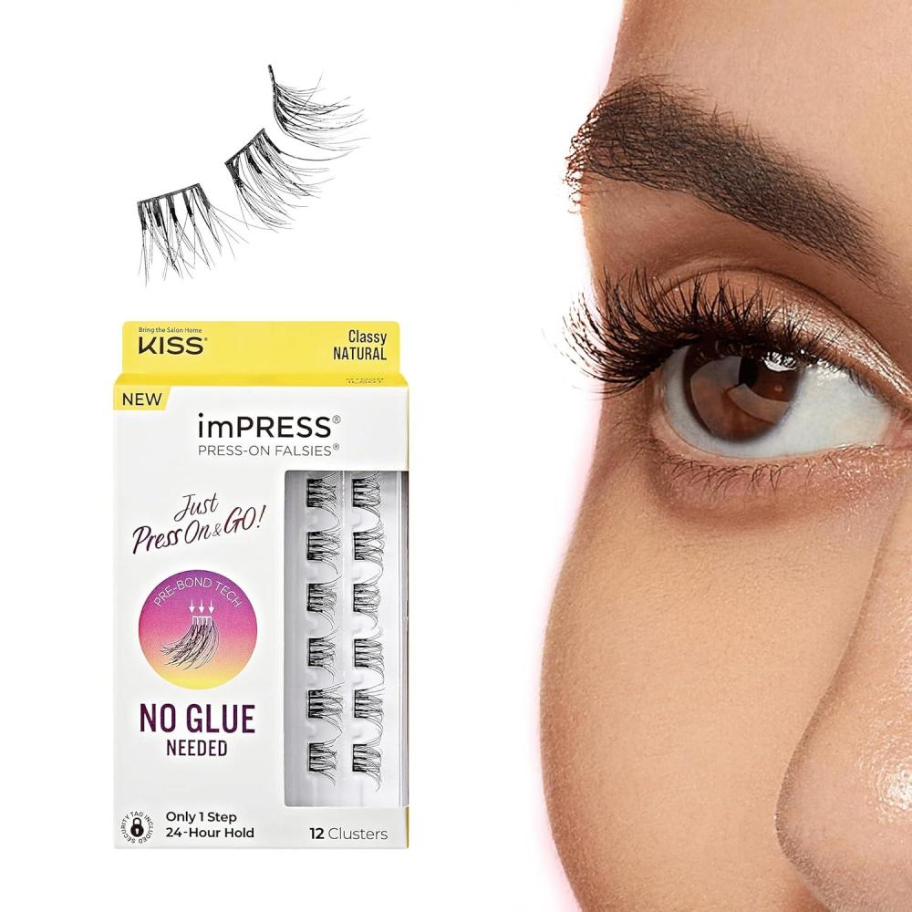 imageKISS imPRESS Falsies Press On Self Adhesive Eyelashes 12mm14mm Natural Volume Press On Lashes Black No Glue Needed Invisible Band 12 Lash Clusters  SleekClassy Natural