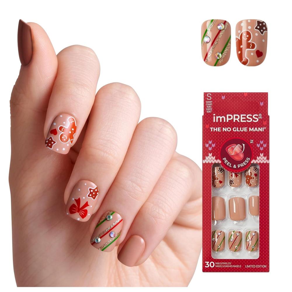 imageKISS imPRESS Holiday Press On Nails Be Merry Pink Short Oval 3D Effect Improved Super Hold Adhesive 30 Fake Nails Prep Pad Mini Nail File ampamp Manicure StickMistletoe Kiss