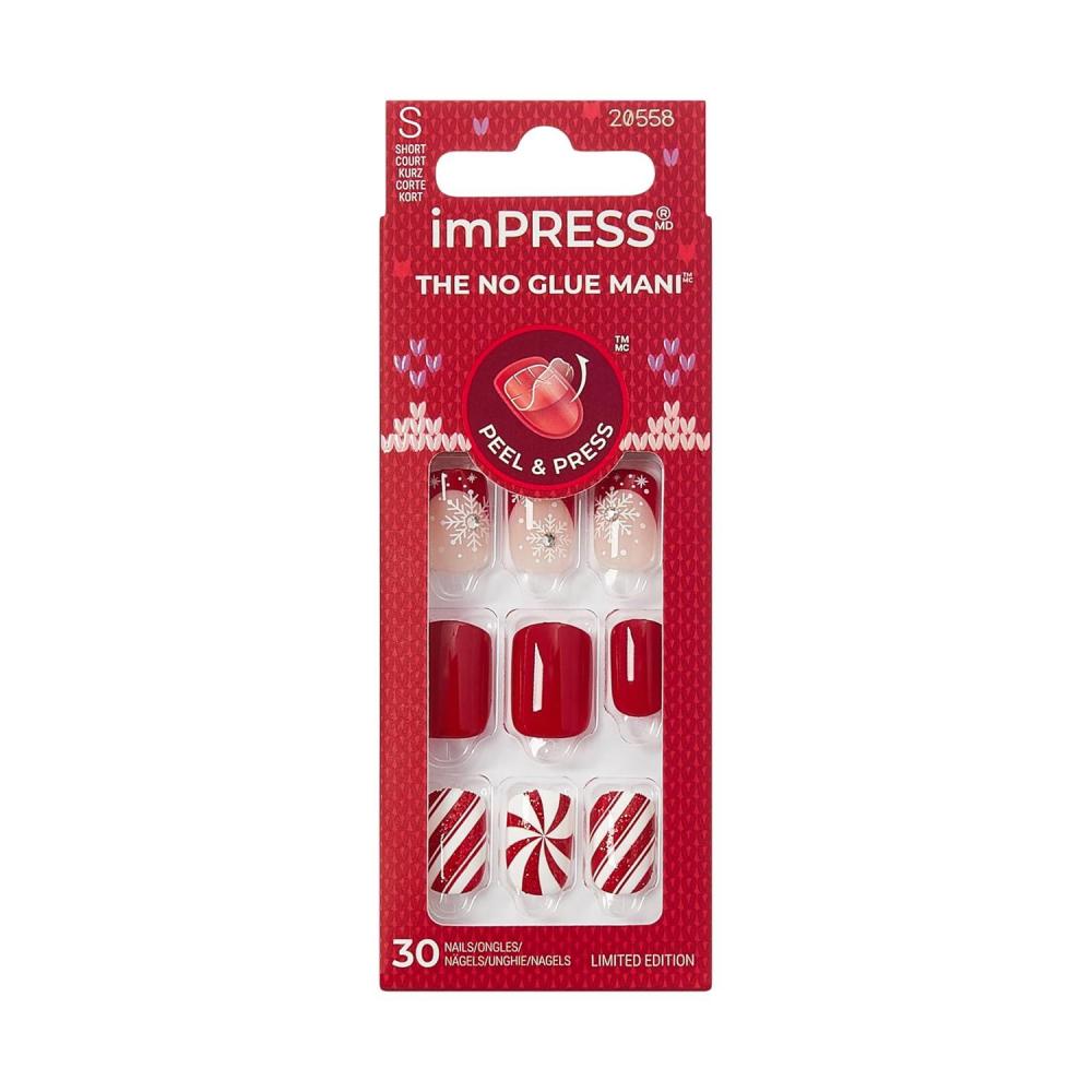 imageKISS imPRESS Holiday Press On Nails Be Merry Pink Short Oval 3D Effect Improved Super Hold Adhesive 30 Fake Nails Prep Pad Mini Nail File ampamp Manicure StickSanta Baby