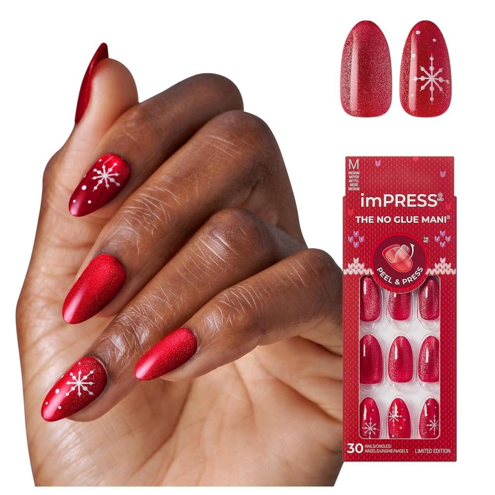 imageKISS imPRESS Holiday Press On Nails Be Merry Pink Short Oval 3D Effect Improved Super Hold Adhesive 30 Fake Nails Prep Pad Mini Nail File ampamp Manicure StickThe Cute List