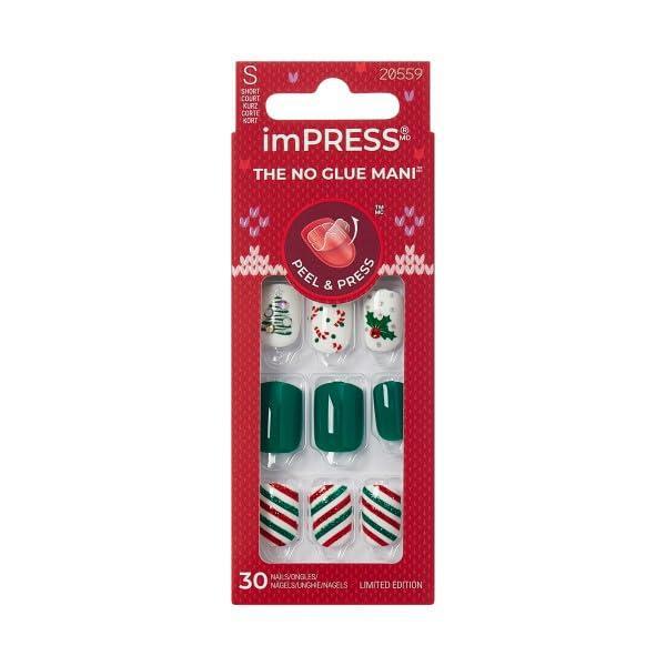 imageKISS imPRESS Holiday Press On Nails Sugarplum Green Short Squoval Improved Super Hold Adhesive 30 Fake Nails Prep Pad Mini Nail File ampamp Manicure Stick