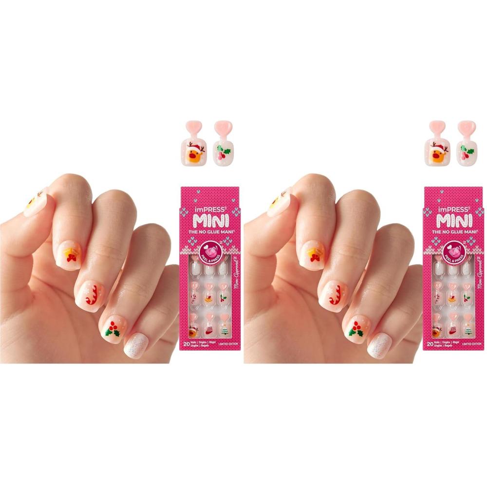 imageKISS imPRESS Mini Holiday Press On Nails for Kids Cozy Red Child Size Squoval Shaped MessFree Mom Approved NonToxic Breakaway Application Tabs Nail File 20 Fake NailsTwinkling Lights