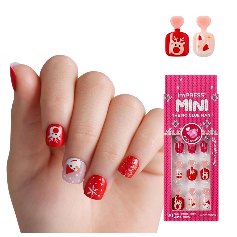 imageKISS imPRESS Mini Holiday Press On Nails for Kids Cozy Red Child Size Squoval Shaped MessFree Mom Approved NonToxic Breakaway Application Tabs Nail File 20 Fake NailsCozy