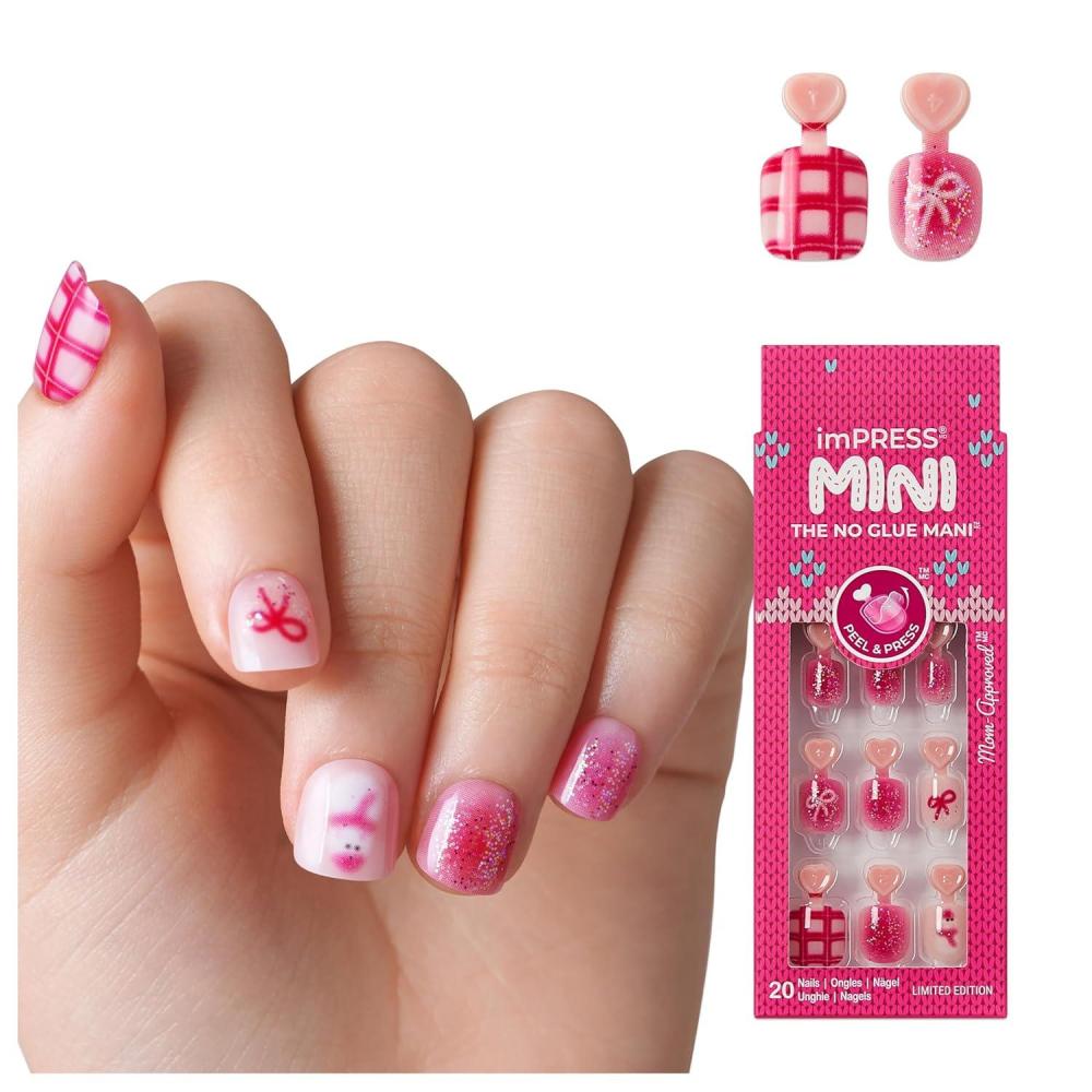 imageKISS imPRESS Mini Holiday Press On Nails for Kids Cozy Red Child Size Squoval Shaped MessFree Mom Approved NonToxic Breakaway Application Tabs Nail File 20 Fake NailsHahaha Ugh