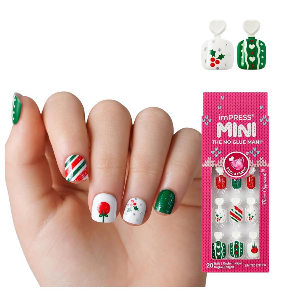 imageKISS imPRESS Mini Holiday Press On Nails for Kids Cozy Red Child Size Squoval Shaped MessFree Mom Approved NonToxic Breakaway Application Tabs Nail File 20 Fake NailsOne More Sleep