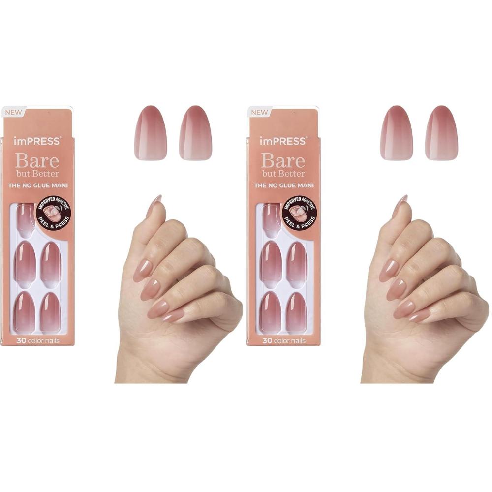 imageKISS imPRESS No Glue Mani Press On Nails Bare but Better Flare Medium Neutral Medium Size Coffin Shape Includes 30 Nails Prep Pad Instructions Sheet 1 Manicure Stick 1 Mini File33 Count Pack of 2