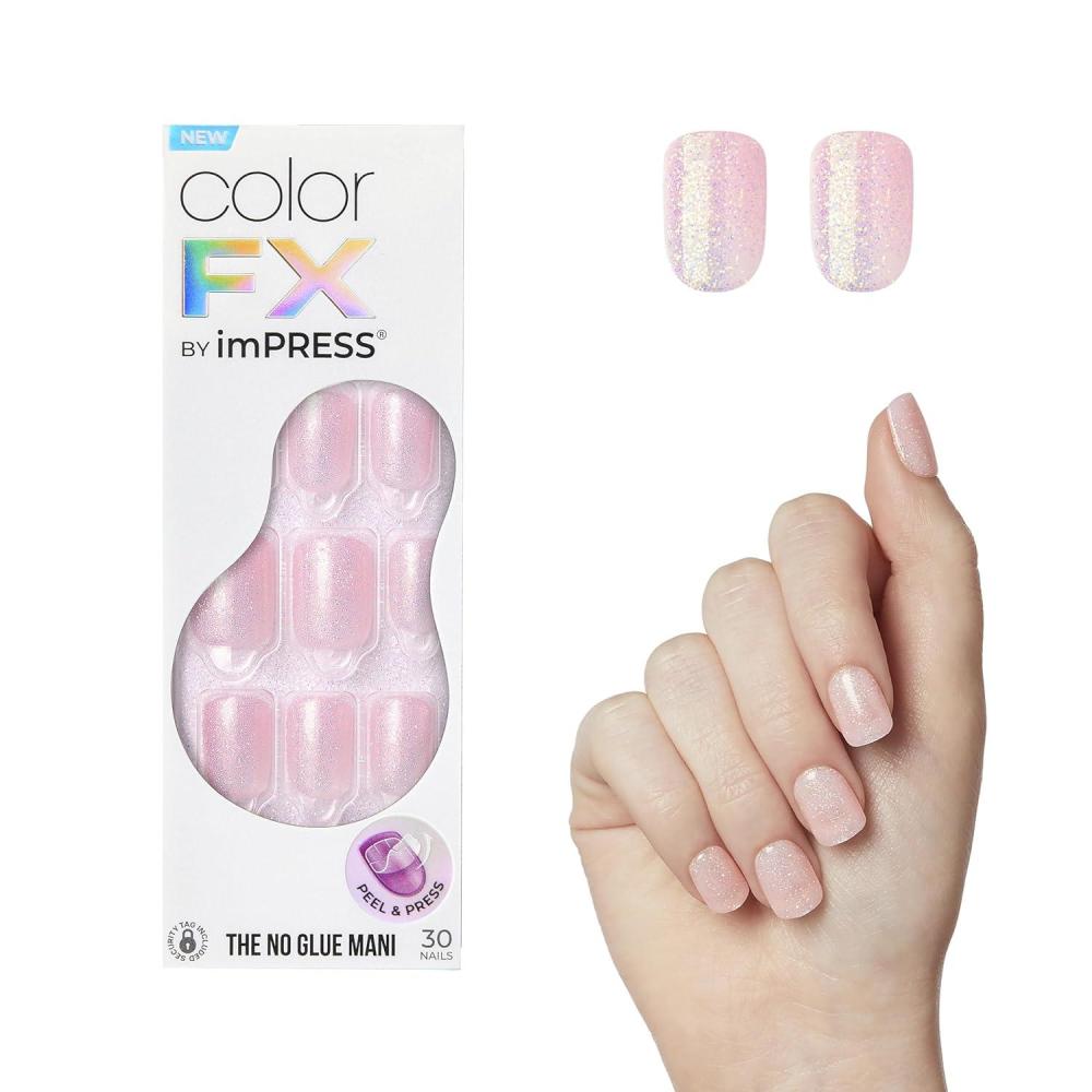 imageKISS imPRESS No Glue Mani Press On Nails Color FX Satellite Light Pink Short Size Squoval Shape Includes 30 Nails Prep Pad Instructions Sheet 1 Manicure Stick 1 Mini FilePop Star