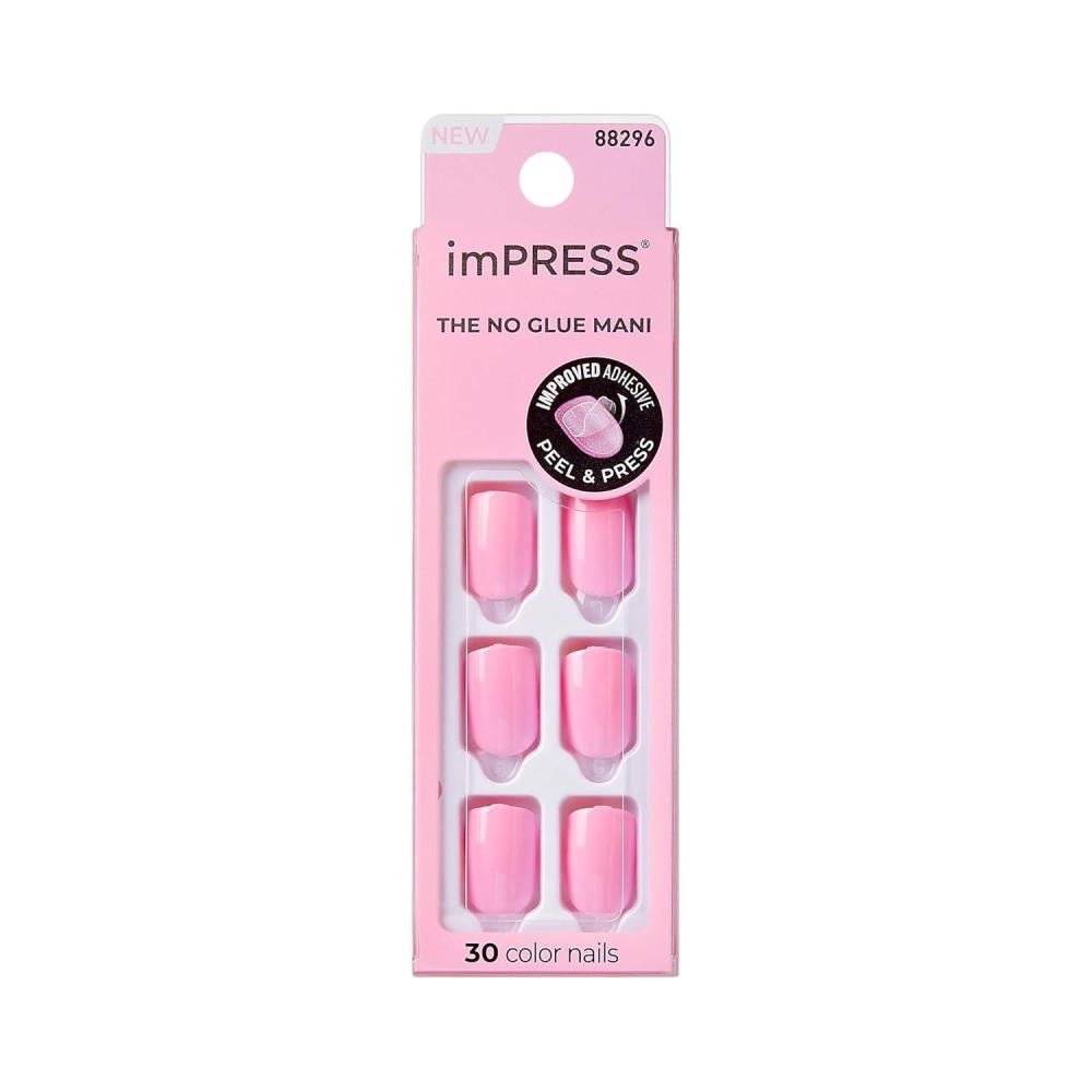 imageKISS imPRESS No Glue Mani Press On Nails Color Self Care Pink Short Size Squoval Shape Includes 30 Nails Prep Pad Instructions Sheet 1 Manicure Stick 1 Mini FileSolid Pink