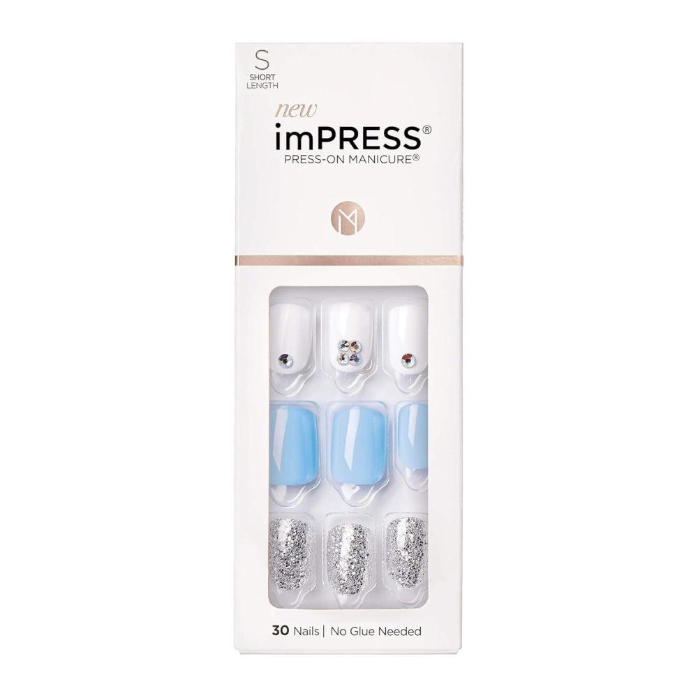 imageKISS imPRESS No Glue Mani Press On Nails Design Eternity Medium Blue Short Size Squoval Shape Includes 30 Nails Prep Pad Instructions Sheet 1 Manicure Stick 1 Mini FileWhite  Blue  Silver