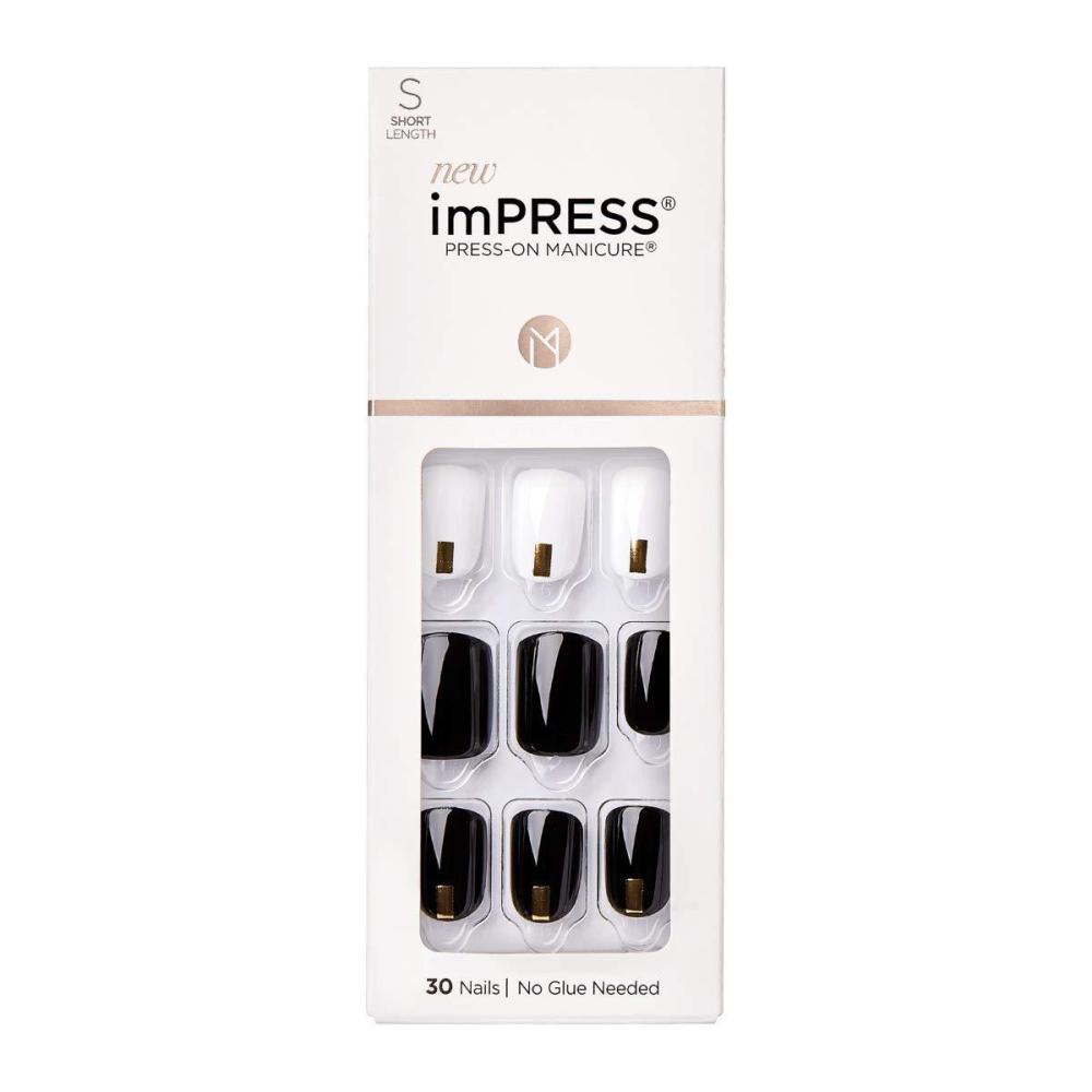 imageKISS imPRESS No Glue Mani Press On Nails Design Eternity Medium Blue Short Size Squoval Shape Includes 30 Nails Prep Pad Instructions Sheet 1 Manicure Stick 1 Mini FileBlack and White