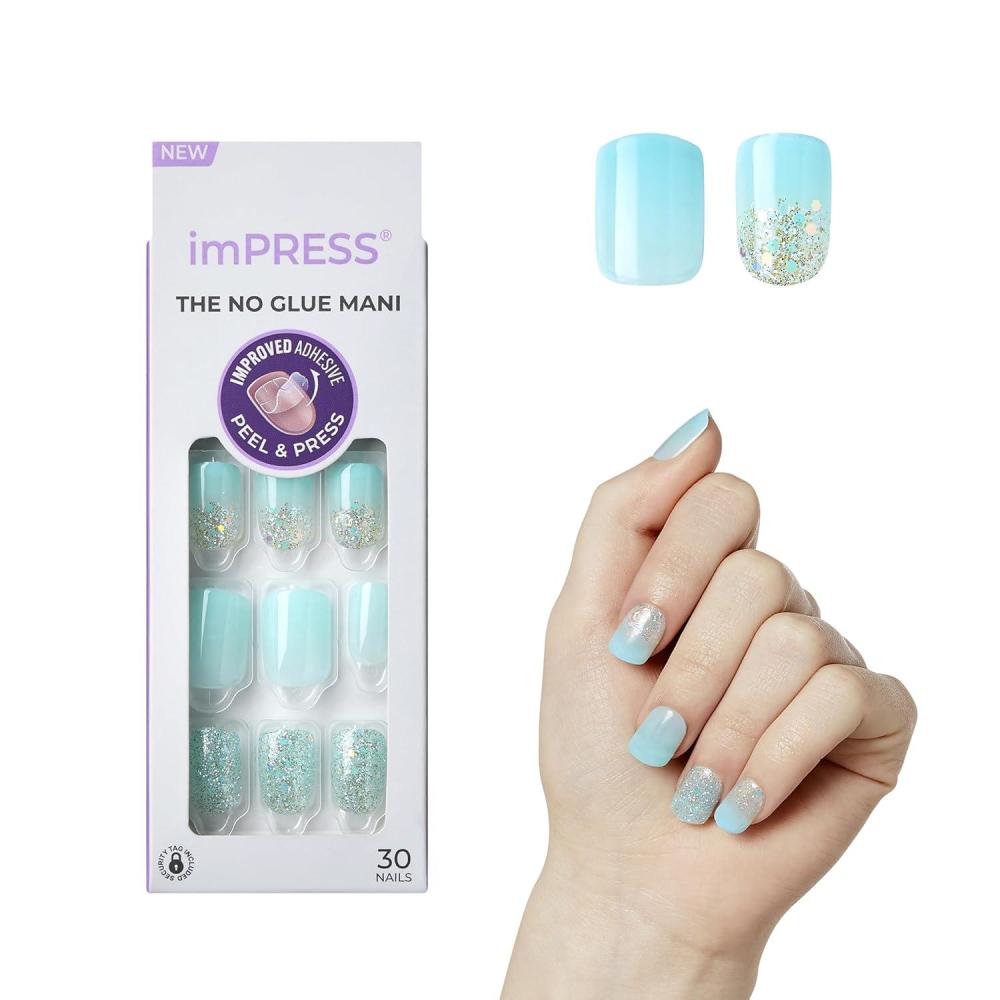 imageKISS imPRESS No Glue Mani Press On Nails Design Eternity Medium Blue Short Size Squoval Shape Includes 30 Nails Prep Pad Instructions Sheet 1 Manicure Stick 1 Mini FileMedium Blue