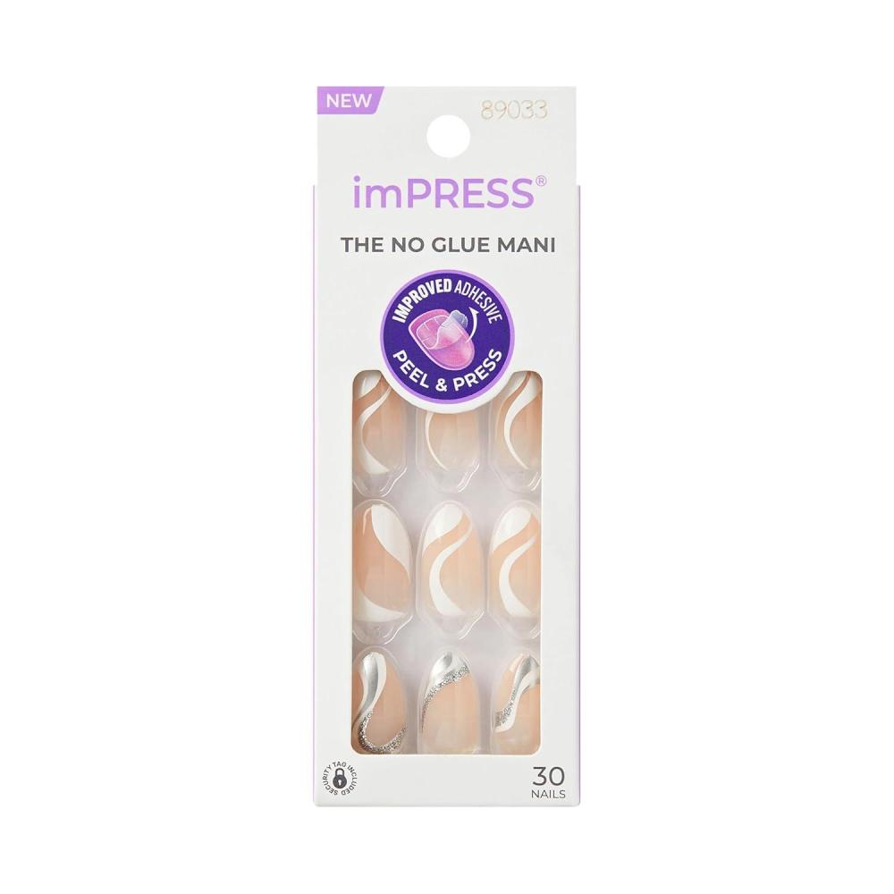 imageKISS imPRESS No Glue Mani Press On Nails Design On My Mind White Medium Size Almond Shape Includes 30 Nails Prep Pad Instructions Sheet 1 Manicure Stick 1 Mini FileBeige and White