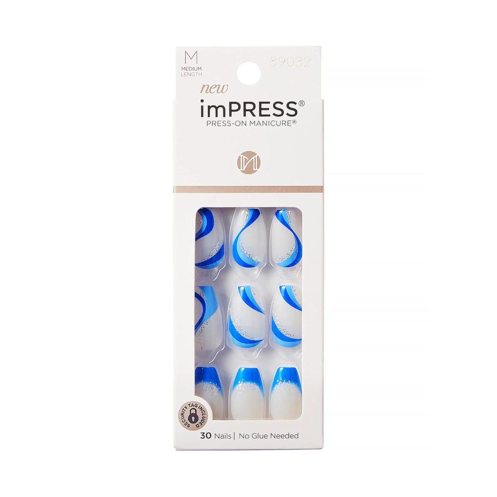imageKISS imPRESS No Glue Mani Press On Nails Design On My Mind White Medium Size Almond Shape Includes 30 Nails Prep Pad Instructions Sheet 1 Manicure Stick 1 Mini FileBlue and White