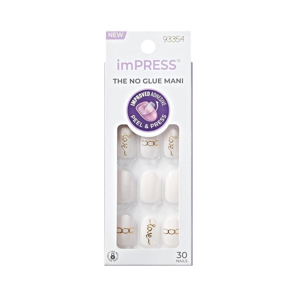 imageKISS imPRESS No Glue Mani Press On Nails Design On My Mind White Medium Size Almond Shape Includes 30 Nails Prep Pad Instructions Sheet 1 Manicure Stick 1 Mini FileWhite