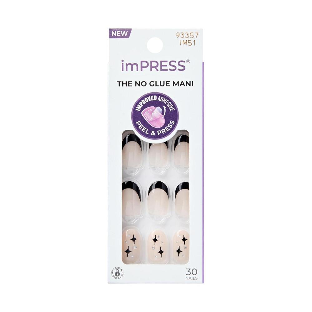 imageKISS imPRESS No Glue Mani Press On Nails French Ditto Light Neutral Pink Tip French Short Size Oval Shape Includes 30 Nails Prep Pad Instructions Sheet 1 Manicure Stick 1 Mini FileGold Ring