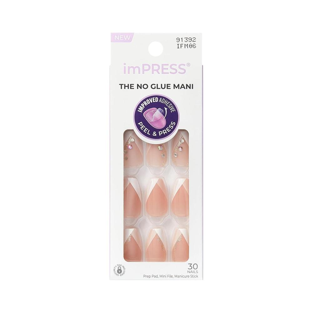 imageKISS imPRESS No Glue Mani Press On Nails French Illusion Dark Neutral Black Tip French Medium Size Almond Shape Includes 30 Nails Prep Pad Instructions Sheet 1 Manicure Stick 1 Mini FileLight Neutral White Tip FrenchCoffin Shape