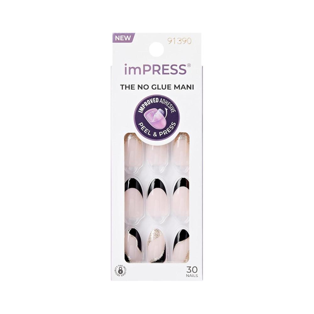 imageKISS imPRESS No Glue Mani Press On Nails French Illusion Dark Neutral Black Tip French Medium Size Almond Shape Includes 30 Nails Prep Pad Instructions Sheet 1 Manicure Stick 1 Mini FileDark Neutral Black Tip French