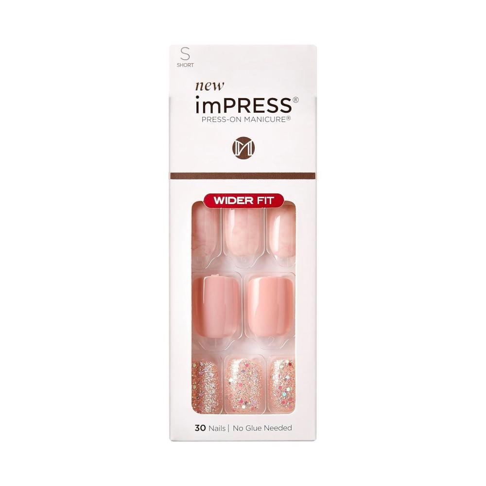 imageKISS imPRESS No Glue Mani PressOn Nails Design Dream It Up Light Pink Short Size Wider Squoval Shape Includes 30 Nails Prep Pad Instructions Sheet 1 Manicure Stick 1 Mini FilePink