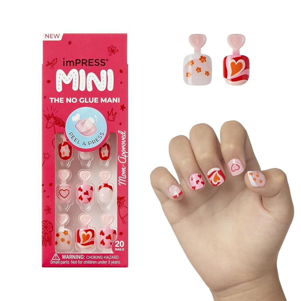 imageKISS imPRESS No Glue Mani PressOn Nails Design Playground Medium Red Kids Size Squoval Shape Includes 20 Nails Prep Pad Instructions Sheet 1 Manicure Stick 1 Mini File